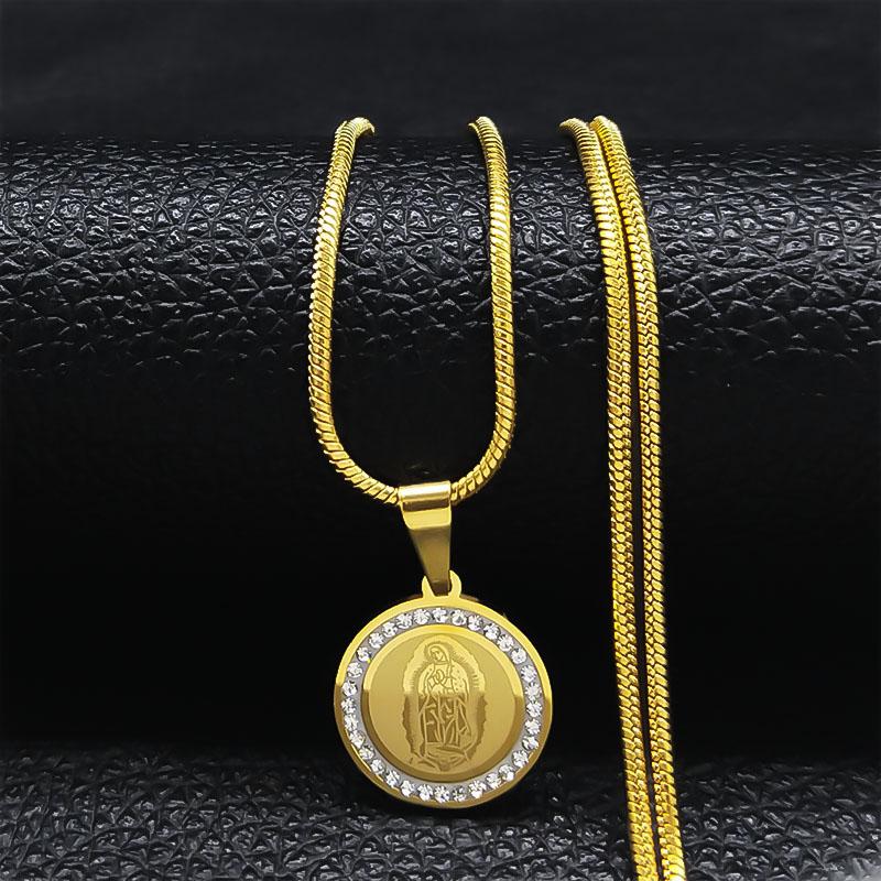 Jesus Virgin Mary Cross Pray Small Crystal Choker Necklace Stainless Steel Catholic Jesus Necklaces Snake Chain Jewelry N8031S05