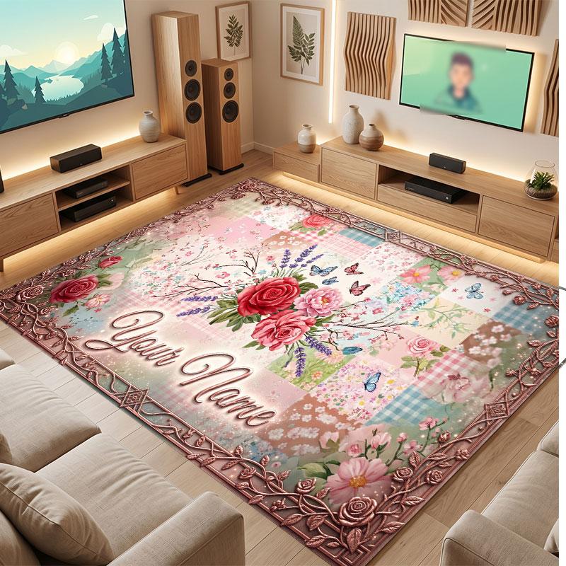 Floral Garden Theme Crystal Velvet Floor Rug Personalized Custom Name Text Warm Carpet Home Decoration