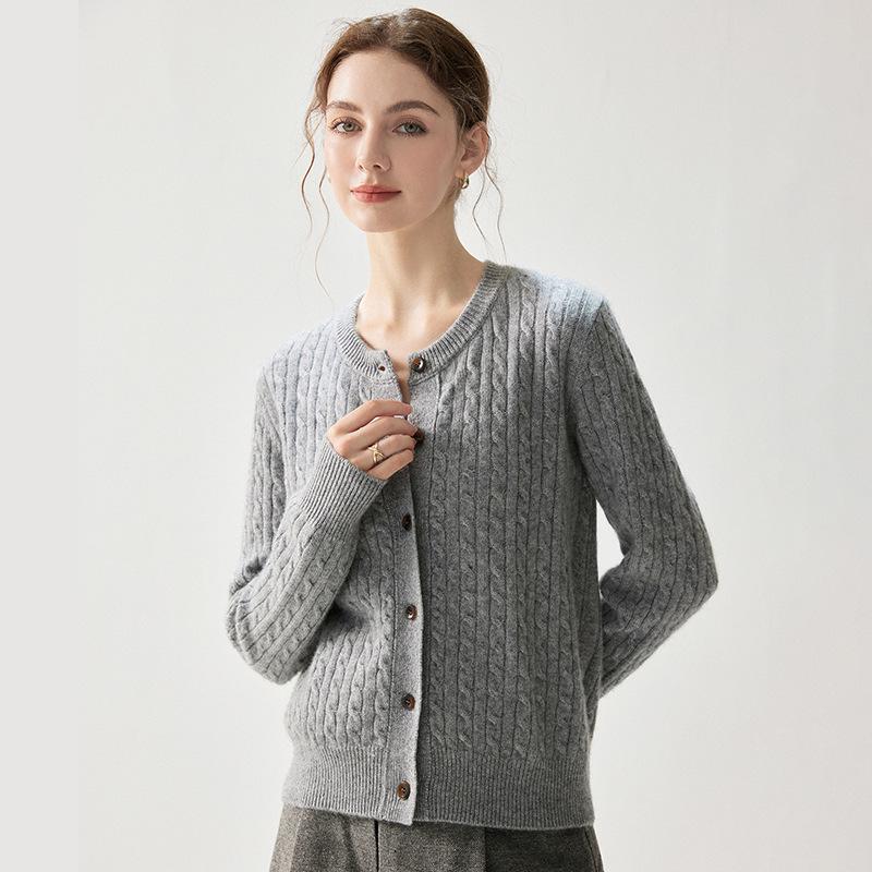 Elegant Twisted Cable Cashmere Cardigan - 2026 Autumn/Winter Women's Round Neck Thick Base Layer, Loose yet Slimming Outerwear