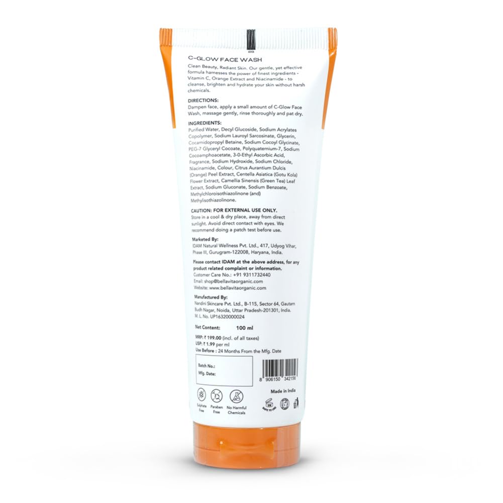 BELLAVITA C-Glow Vitamin C Face Wash with CICA & Green Tea | Bright & Glowing Skin | Reducing Dullness | All Skin Types | pH Balanced | Brightening