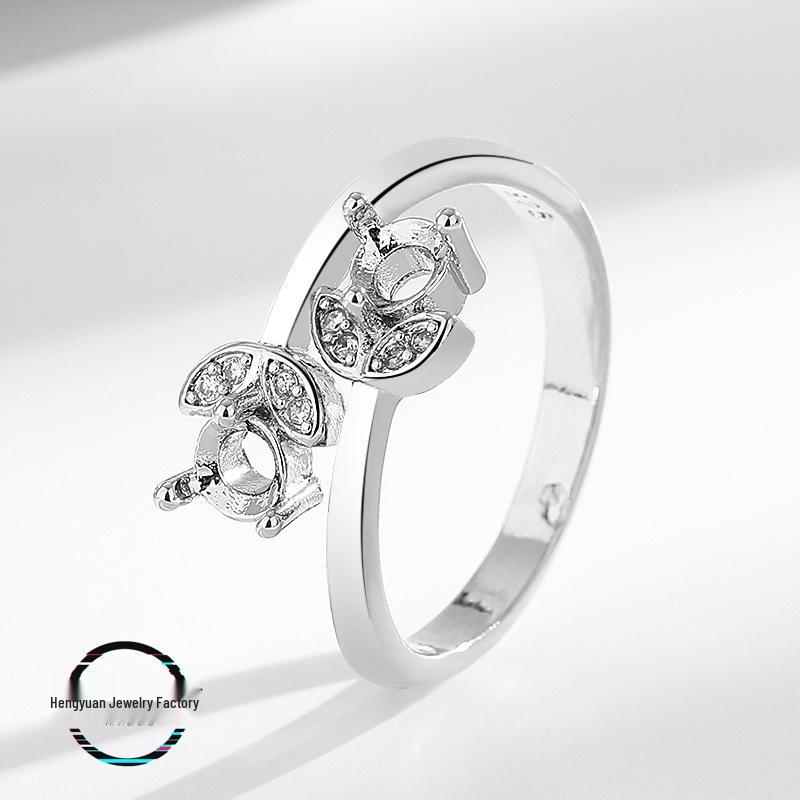 Platinum Gold Leaf Women s Ring with Double Main Stone Setting and 4mm Inlaid Round Jade, Imitation 925 Silver. Open Adjustable