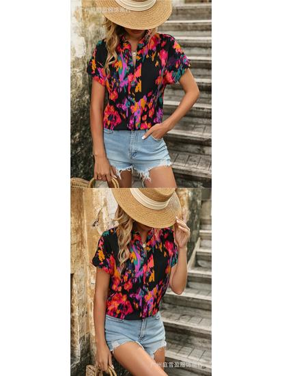 Women's Colorful Floral Print V-Neck Short-Sleeve Top - Summer Fashion