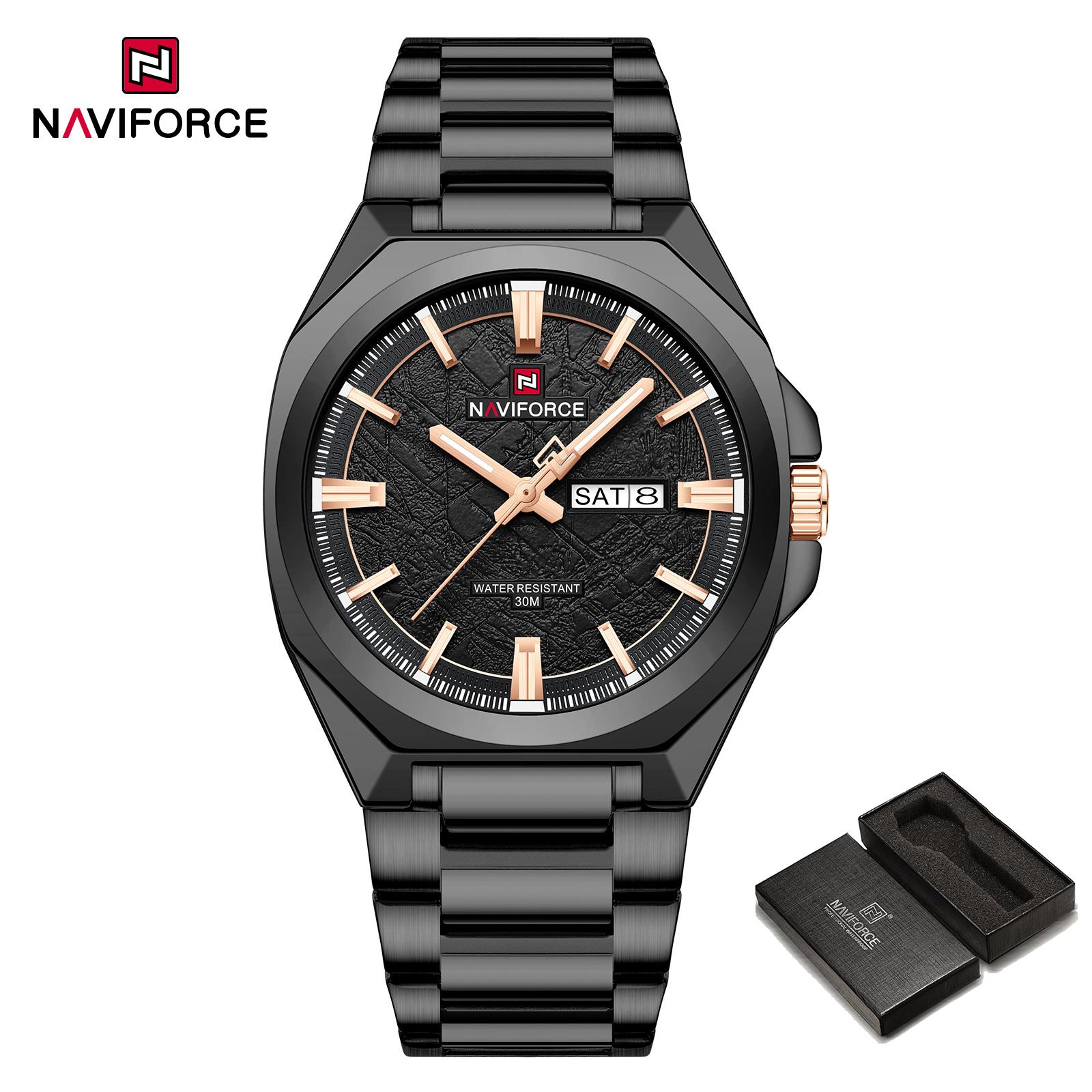 

NAVIFORCE Оригінальний Чоловічий Модний Годинник Календар Дата Люмінесцентні Стрілки Простий Циферблат 30м Водонепроникний Ремінець з Нержавіючої Сталі Чоловічий Діловий Годинник NF9273 рожевий колір золота/чорний