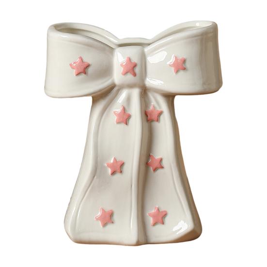Delicate Desktop Decoration Ceramic Bow Vase with Star, Decorative Flowers Vase, Creative Flower Chic Room Decor Gifts Arrangement Holder for