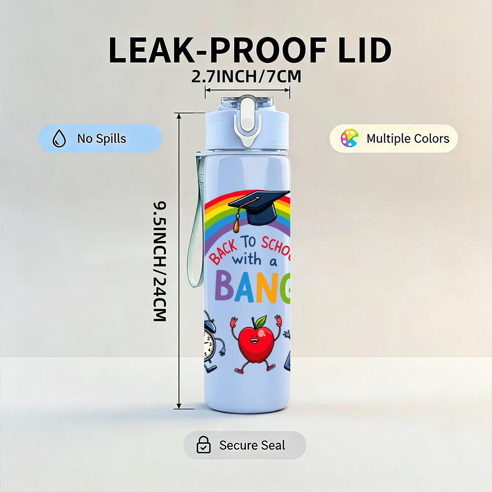 1PC Rainbow Clock Robot Quote Text 750ml Color Plastic Water Bottle Leakproof Flip Straw Lid For Sports Office Home Use
