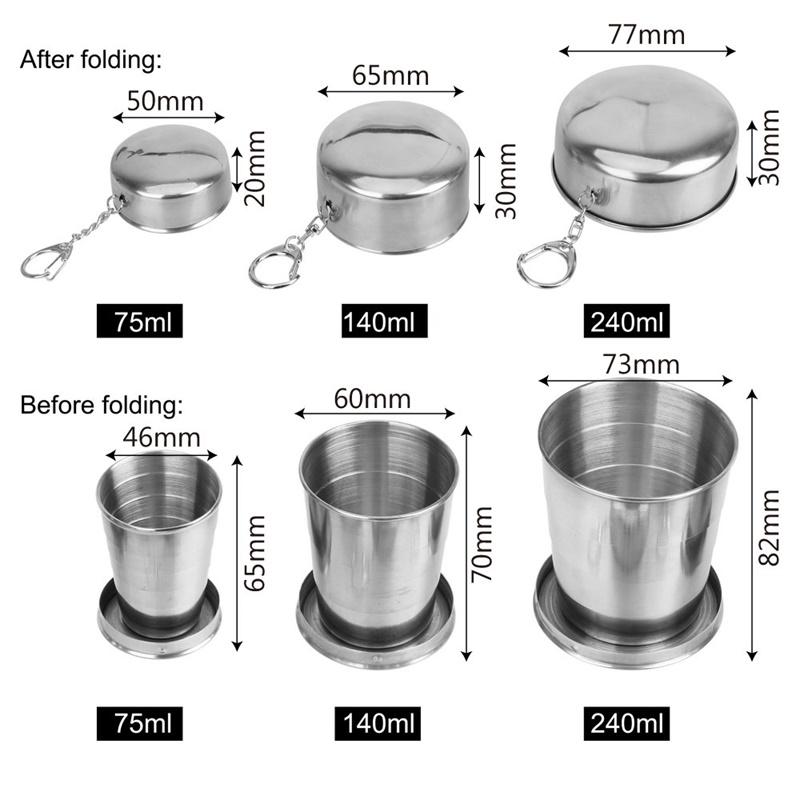 Mini Stainless Steel Portable Outdoor Travel Camping Folding Collapsible Cup Telescopic Mug with Keychain 75Ml /140Ml /240Ml