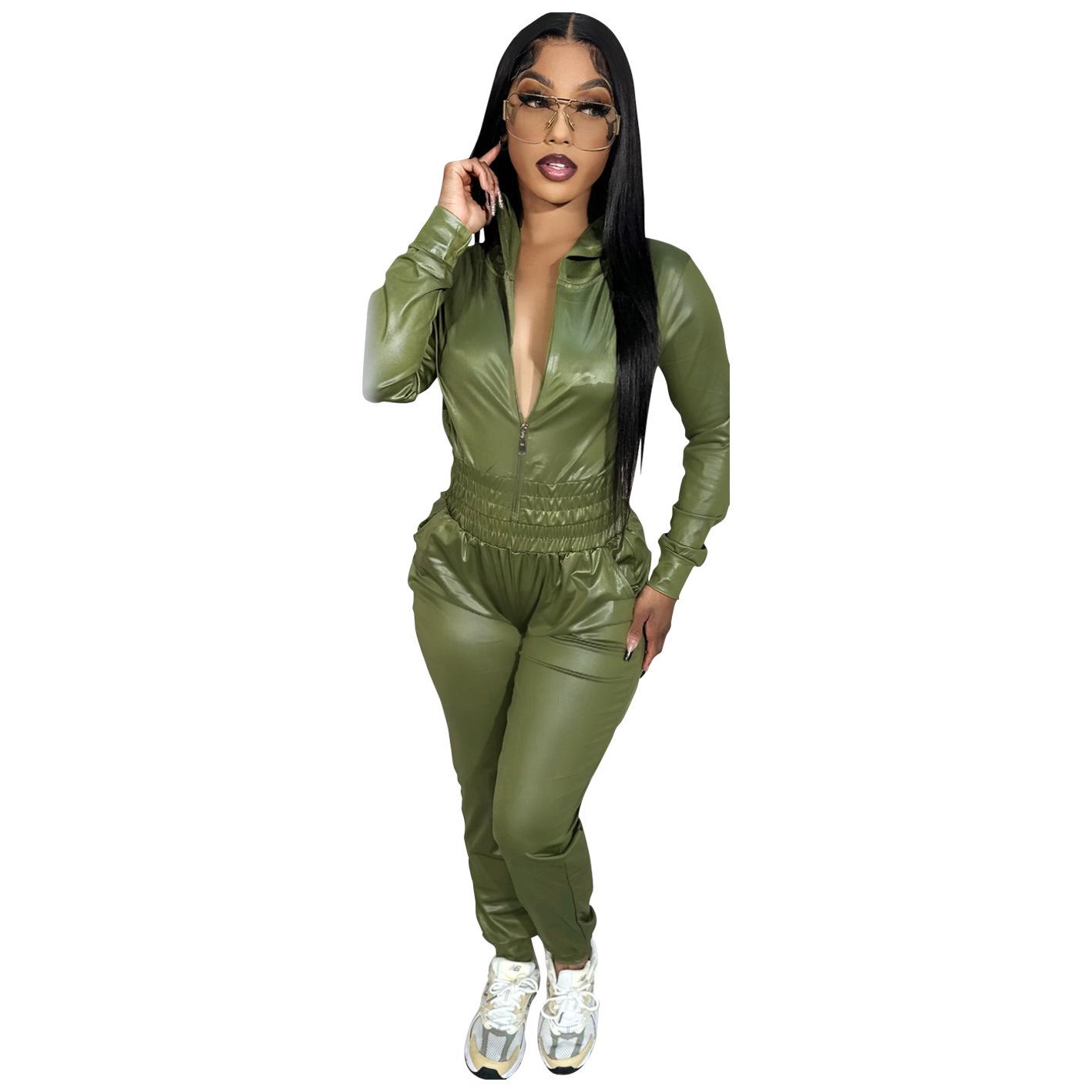 

AL255 Women s Two-Piece Casual Sportswear Set - Hooded Faux Leather Jacket M зелёный