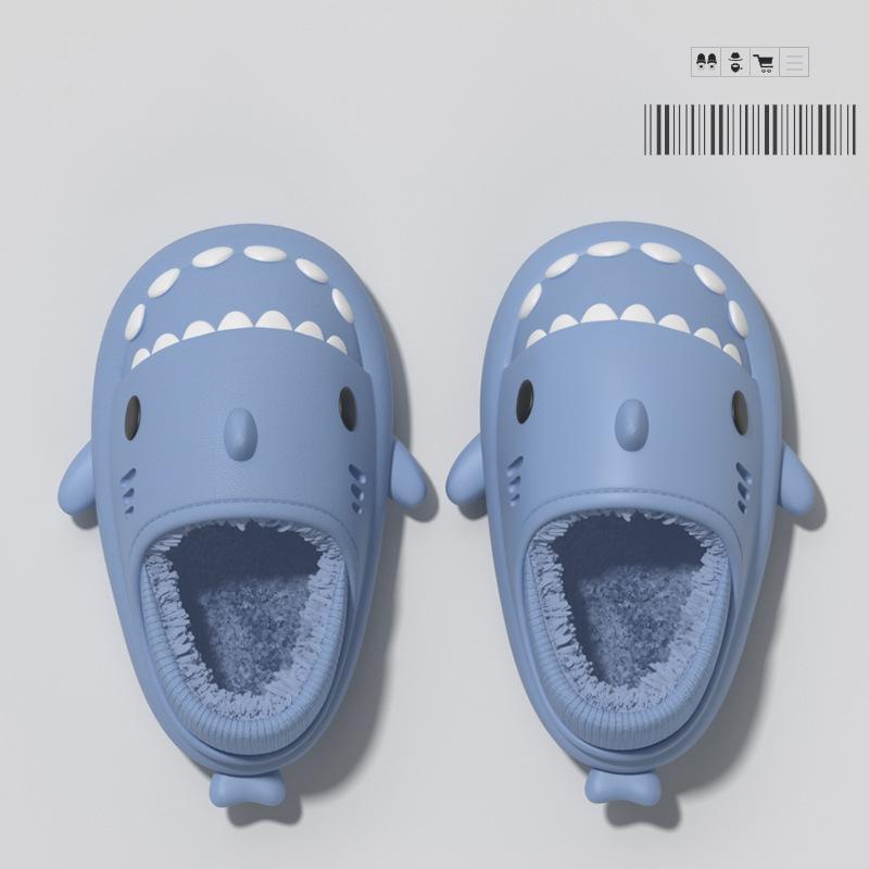 Fashion Smile Pop Men Winter Shark Slippers Plush Warm Cartoon Men's Cotton Slippers Outdoor Antiskid Waterproof Fur Fluffy Men Shoes