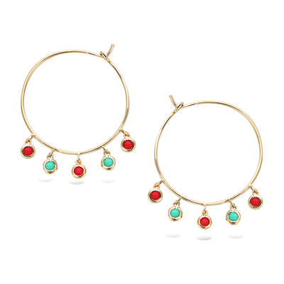 [R2584] - Gold Plated Hoop Earrings 'Cléopatra' Coral Turquoise Gold - 30 Mm 4 Mm