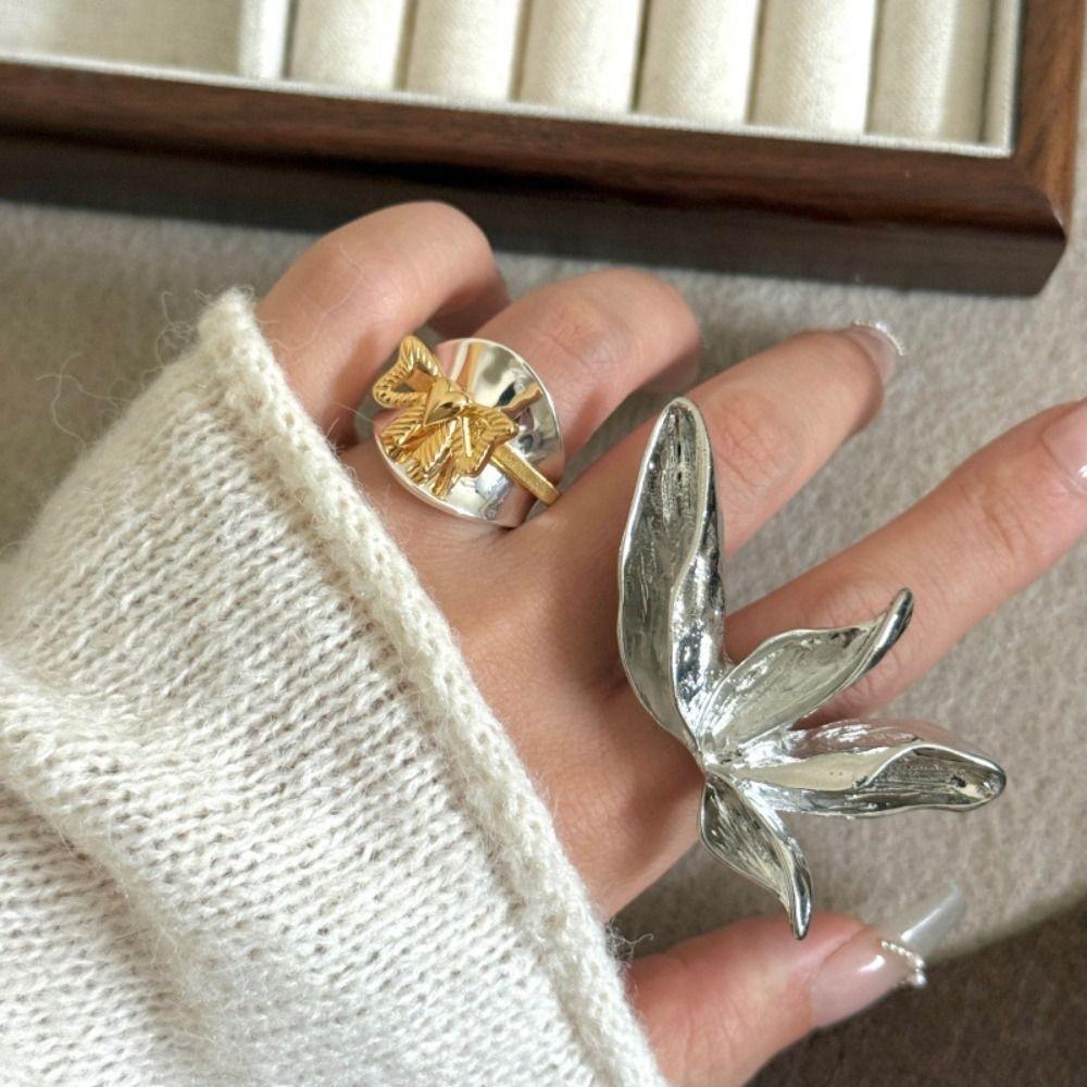 Korean Style Leaf Shape Ring Minority Design Punk Finger Ring Creative Exaggerated Ring  Gift