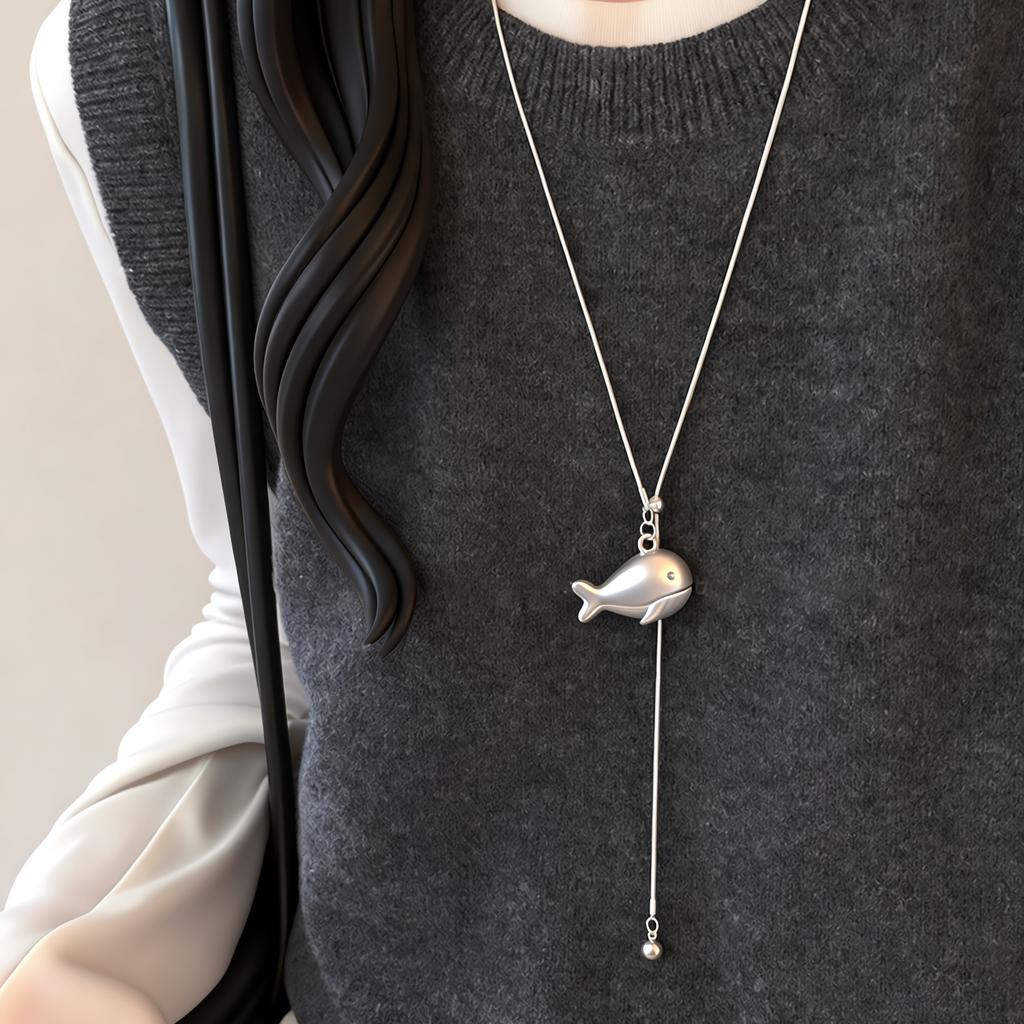 Korean Fashion Simple Cute Small Fish Pendant Necklace for Women Long Braided Rope Adjustable Sweater Chain Party Jewerly Gift