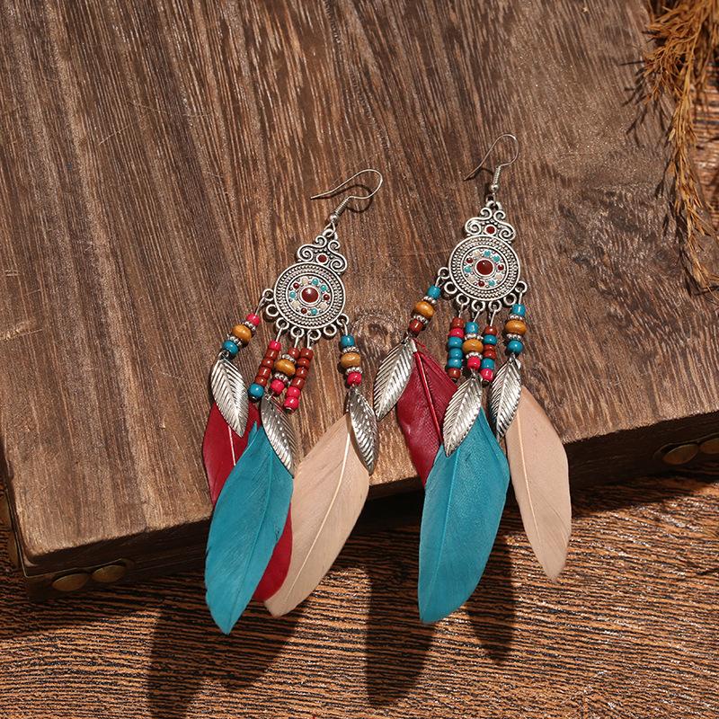 Vintage Bohemian Feather Tassel Earrings Exaggerated Ethnic Vacation Dangle Ear Jewelry Fashion Accessories For Women