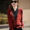 French Lace V-Neck Fine Imitation Fine Hair Knitted Cardigan Women'S New Color Matching Fake Two-Piece Sweater Foreign Versatile Jacket
