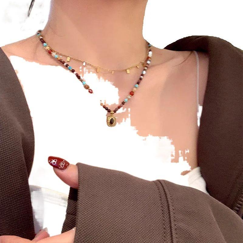 New Fashion Turquoise Sugar Cube Beaded Tiger's Eye Stone Necklace Women's High-class Sense Of Light Luxury Collarbone Chain