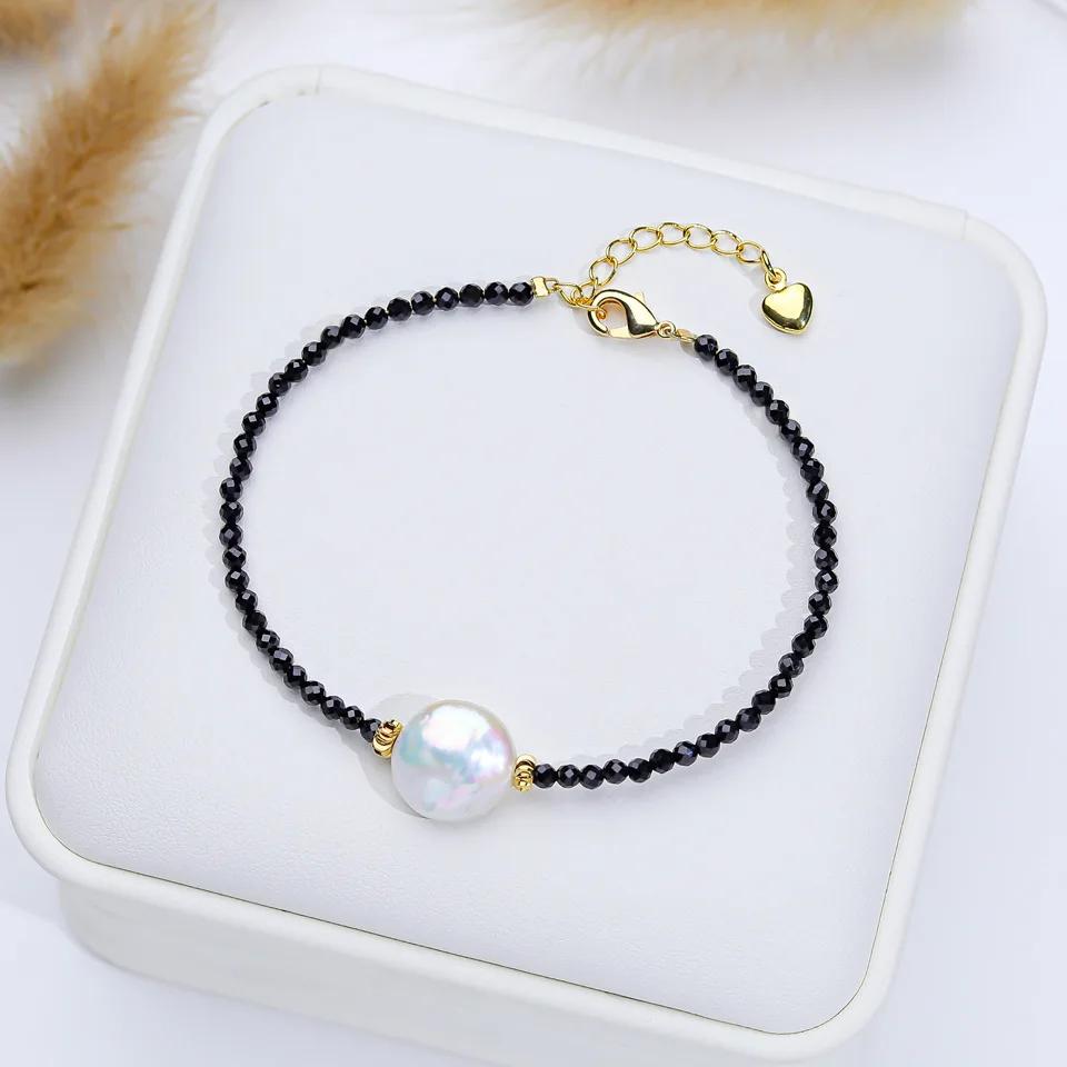 HENGSHENG 12-13mm Big Baroque Freshwater Pearl Bracelet for Women Black Crystal Stone 16cm 925 Sterling Silver Bracelet Girls