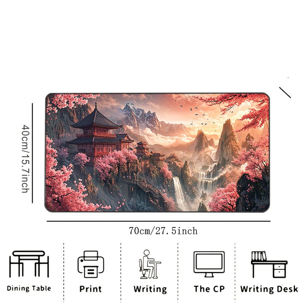 Sakura Mountain Pagoda Printed Desk Pad Extra Large Soft Rubber Mouse Pad Serene Aesthetic Gaming Keyboard Mat Multi-Size