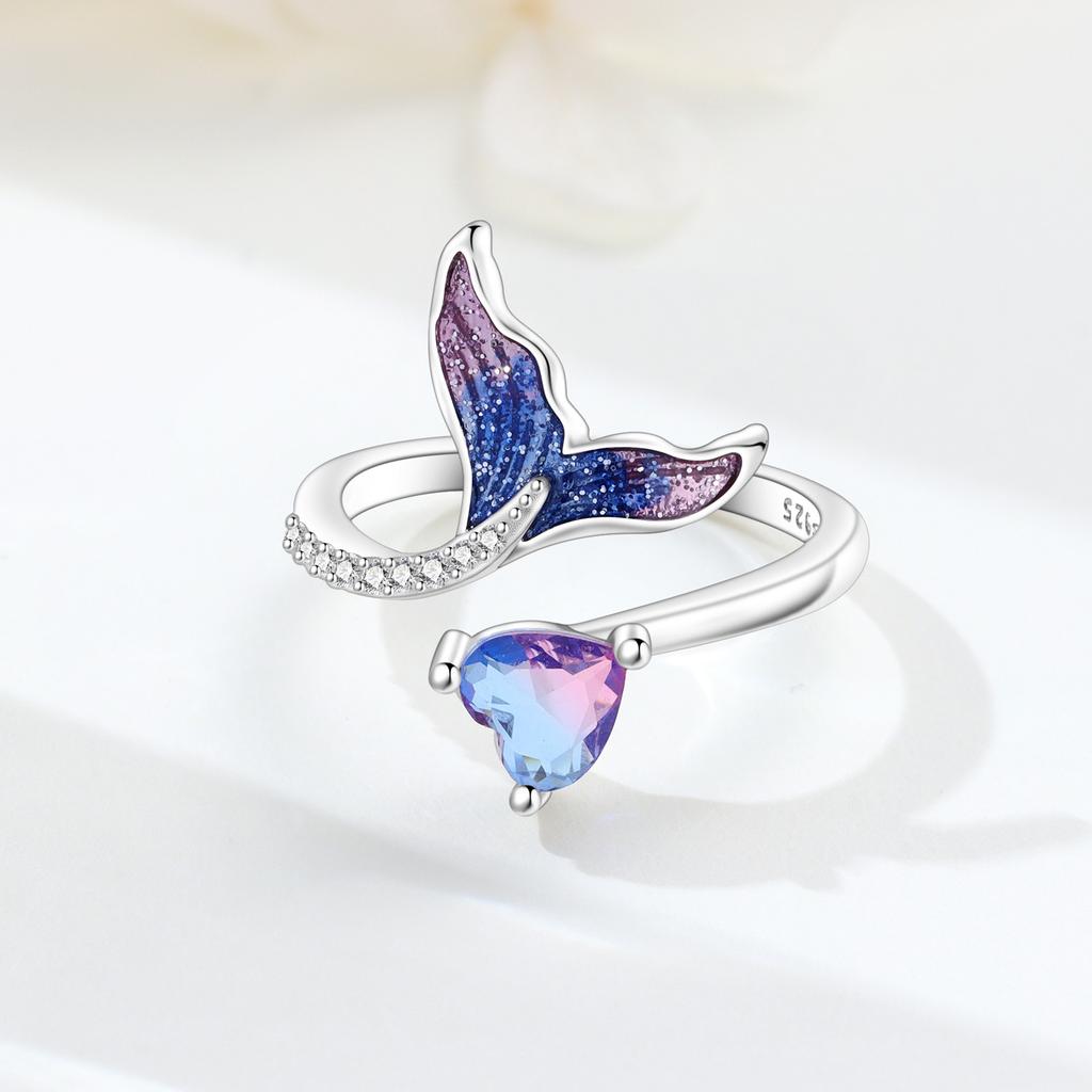 925 Silver Silver Mermaid Tail Heart Ring Heart Gemstone Purple Romantic Open Design Ring Valentines Jewelry Gift