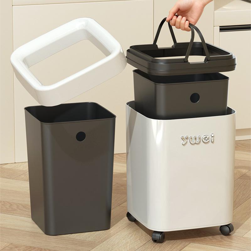Dual-Use Square Trash Can with Wheels - Light Luxury Wastebasket for Kitchen & Bathroom, Large Capacity