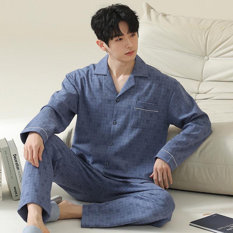 Men's Loose-Fit Pure Cotton Pajama Set: Long Sleeve Cardigan & Pants for Spring/Autumn