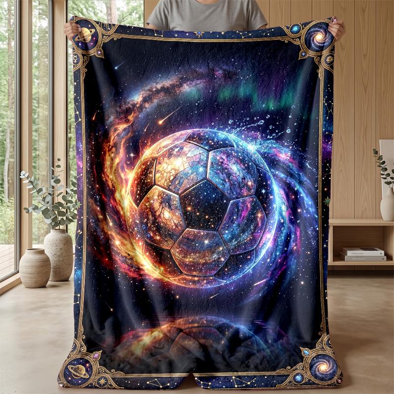 Cosmic Soccer Ball Blanket Personalized Name Flannel Blanket Soft Cozy Plush Throw for Sofa Bed Lightweight Home Decor