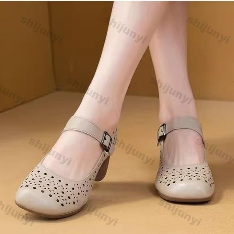 Fashion Elegant Medium Heel Women's Shoes Summer Autumn Fashion Buckle Strap Vintage Hollow Sandals Comfortable Non Slip Mary Jane Shoes