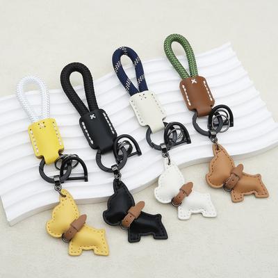 Lanière en cuir faite à la main Chiot de combat français créatif Exquis porte-clés de voiture pendentif de sac Chien de combat français breloque de clé