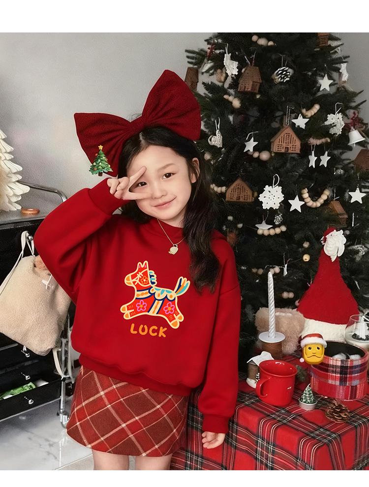 Family Matching Autumn/Winter Round Neck Sweatshirt - Red Festive New Year Print for Parent-Child Trio
