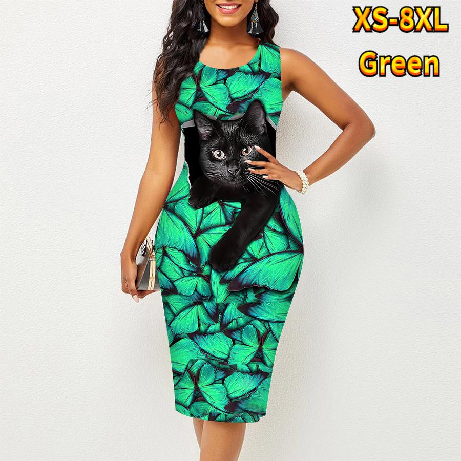 Damen Kleid Sling Sommer Schmetterling Katze Print Kleider Eng Ärmellos Slim Fit Sexy Mode Top Kleidung