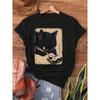 2026 Newest Woman Tops Black Cat Eating Sushi Women's Tee - Japanese Art Graphic, Casual Kawaii Top