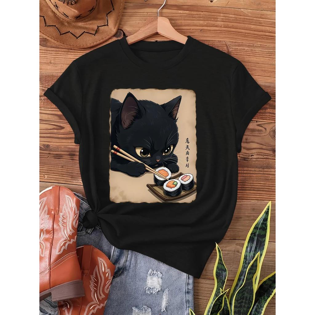 2026 Newest Woman Tops Black Cat Eating Sushi Women's Tee - Japanese Art Graphic, Casual Kawaii Top