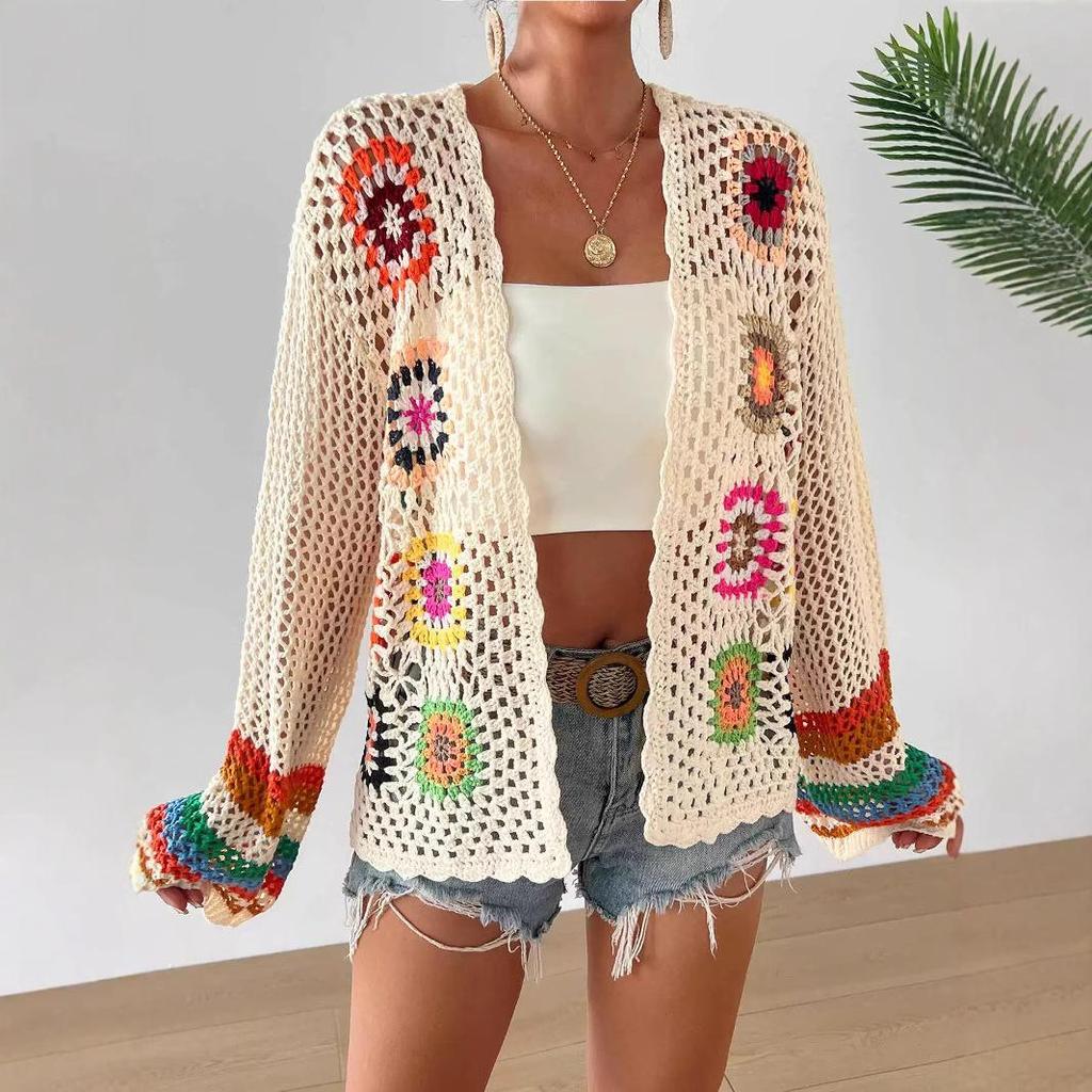 Ethnic Retro Crochet Rainbow Cardigan: Handmade Color Block Long Sleeve Knit Top