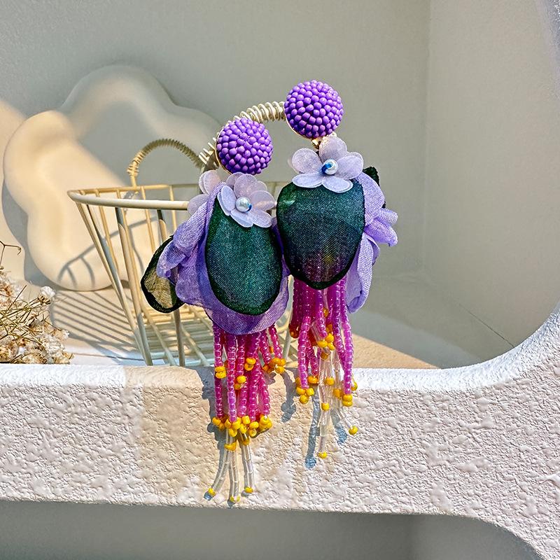 Exaggerated Big Fluffy Fabric Flower Beads Pendant Earrings for Women Trendy Wedding Drop Earring 2023 Bohemia Jewelry Accessory