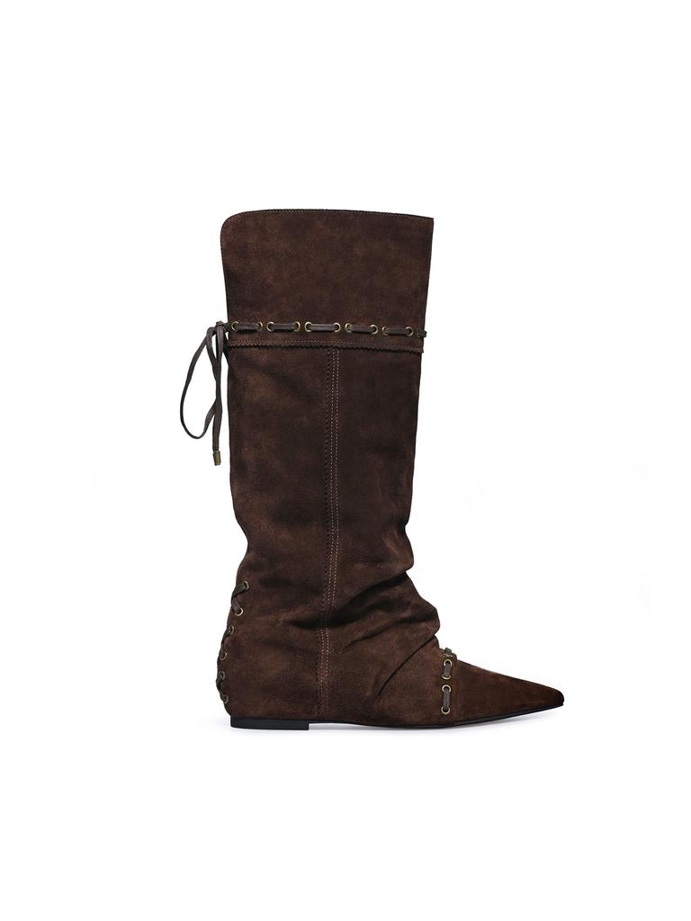 Retro pointed versatile pleated stacking boots boots 2025 new foldable two-wear inner heightening fashion boots women