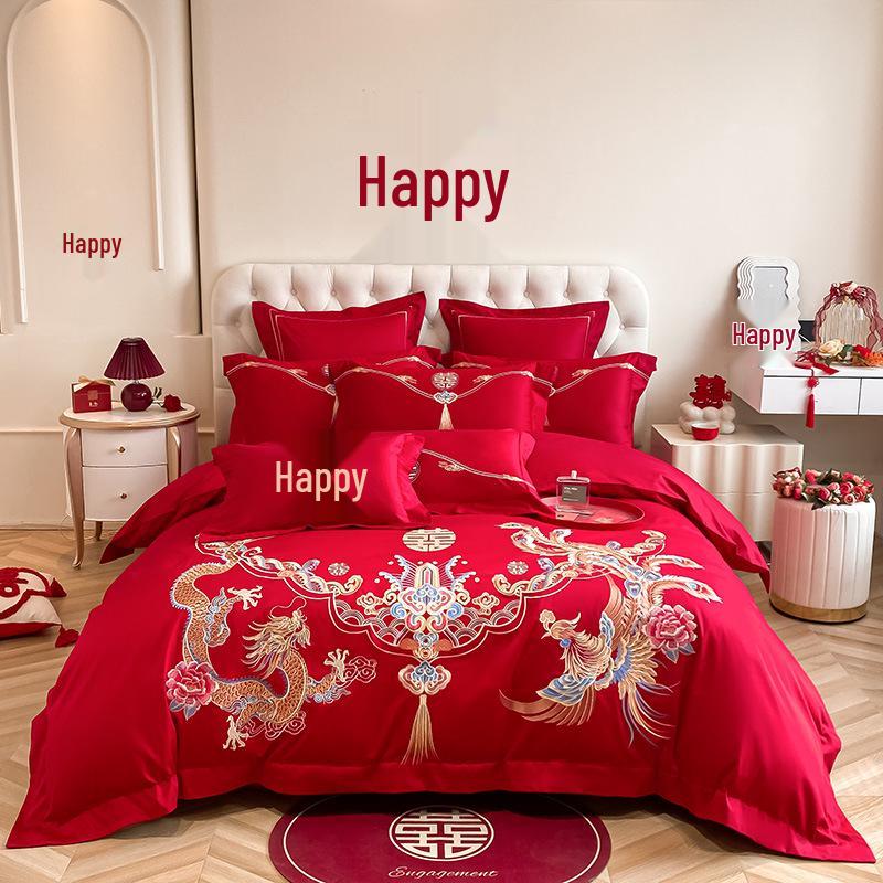 Luxury Dragon & Phoenix Embroidered Wedding Bedding Set - Red Bridal Room Dowry Sheet & Duvet Combo
