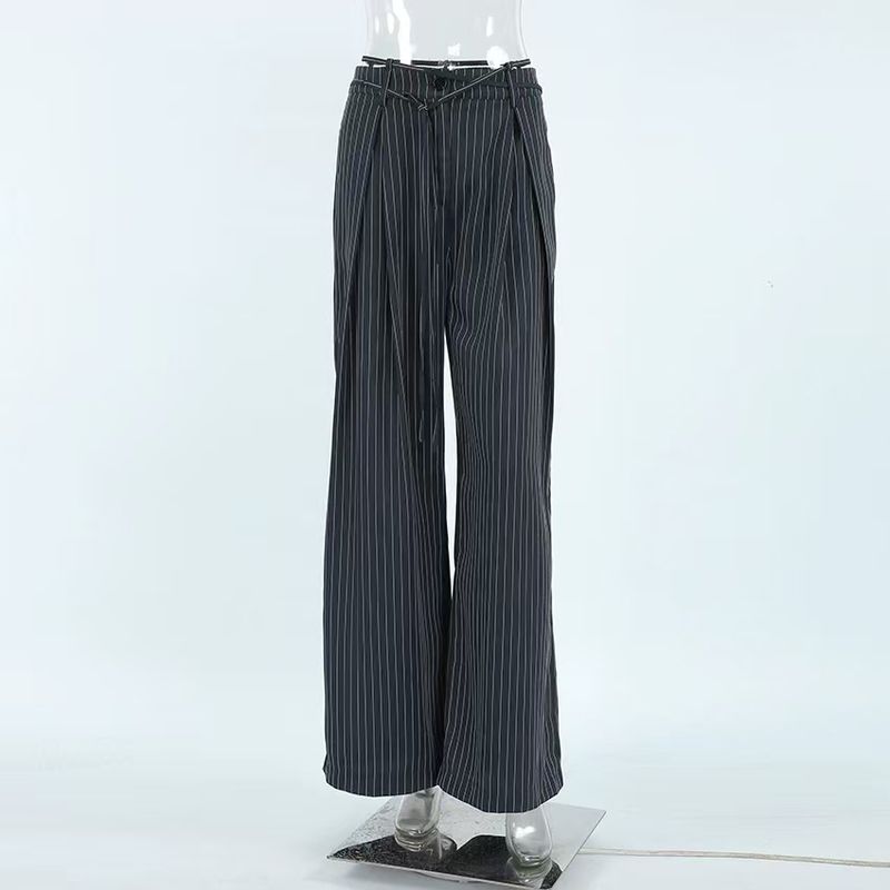 

European and American Fashion High Waist Stripe Loose Drape Casual Suit Pants High Waisted Striped Pants Navy blue L