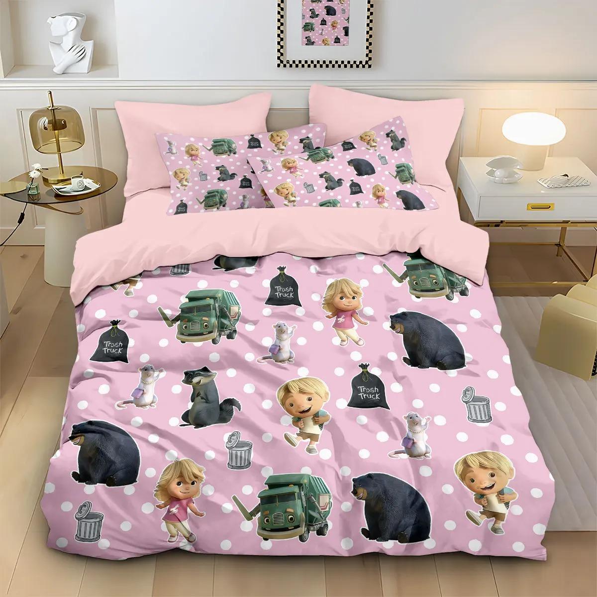 Housse de couette et taie d'oreiller imprimées en 3D Camion poubelle dessin animé Ensemble de literie pour chambre d'enfant Fille Garçon Décoration 2/3 pièces Taille Simple Double 150x200cm (3pcs)