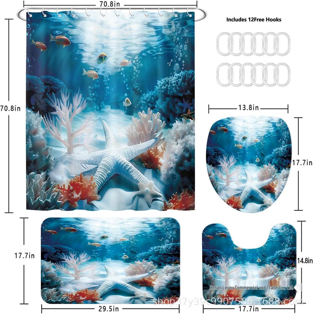 Underwater World Shower Curtain Set: Waterproof, Quick-Drying, Mildew-Proof, 4-Piece for Home Bathroom.