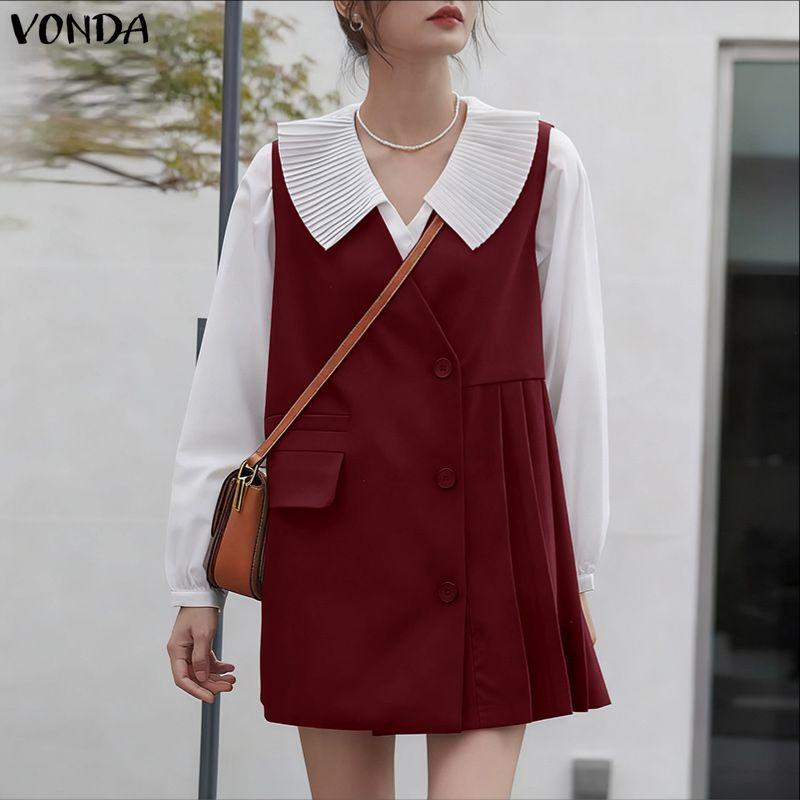 VONDA Women Lapel Neck Long Sleeve Ruffled Office Style Elegant Mini Dress