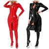 Womens Patent Leather Bodycon Catsuit Stand Collar Long Sleeve Zipper Knee Length Dress