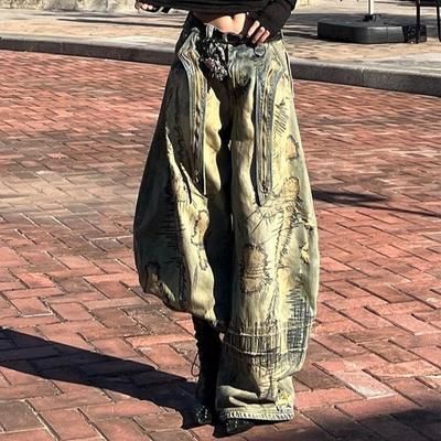 LUXEON American Y2K Patch Needle Embroidery Heavy Industry Wide Leg Jeans Retro Dirty Dye Wash Loose Fashion Casual High-waist Jeans