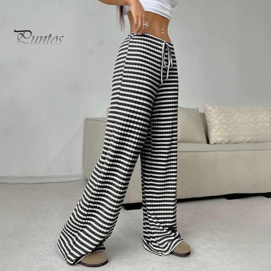 Comfortable Pants Women Casual Wide Leg Trousers Elastic Waist Adjustable Striped Drawstring Design Loose Fit Daily Wear