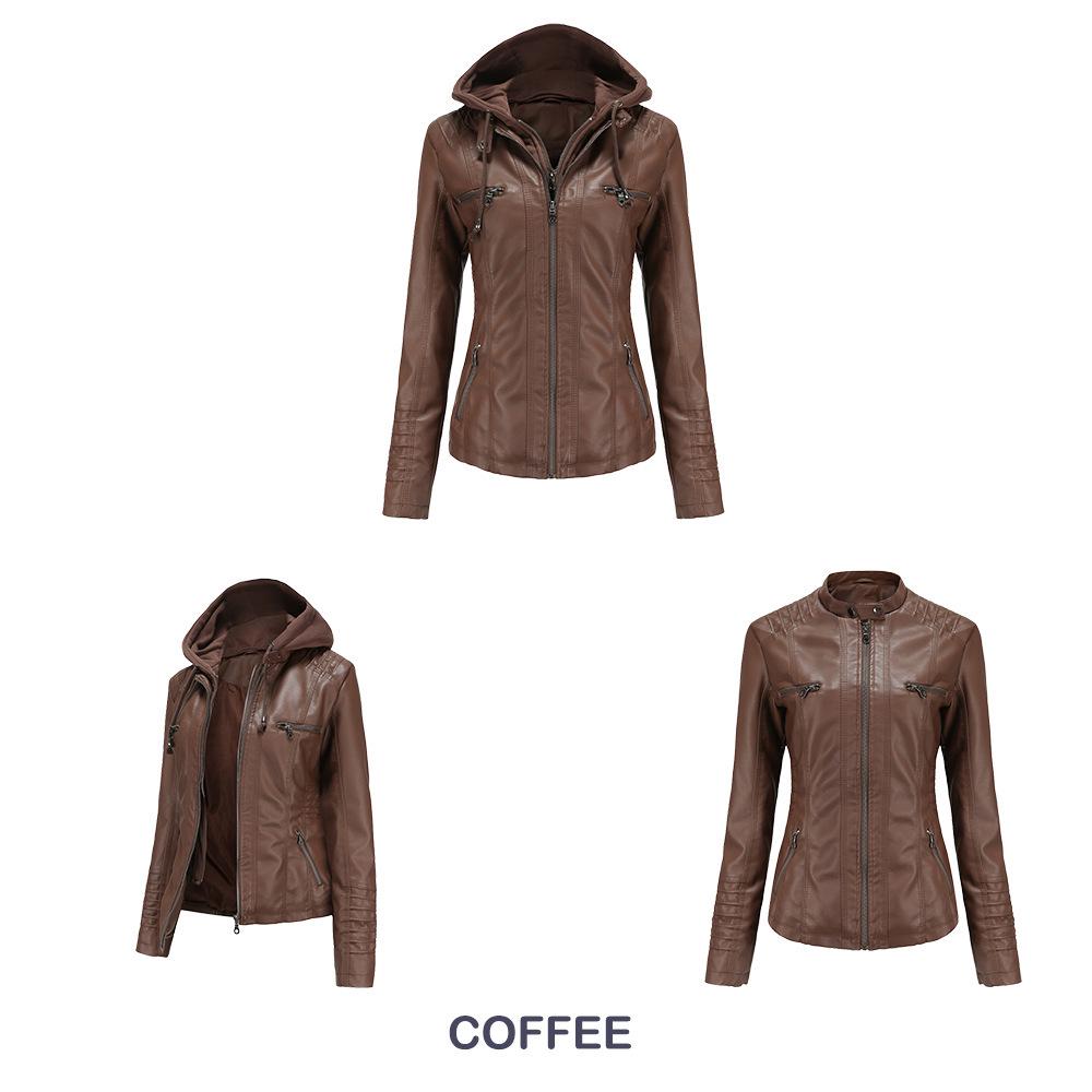 Women's Detachable Hooded Leather Jacket Set - European & American Style, PU Washed, Available in Large Sizes, Ideal for Spring & Autumn