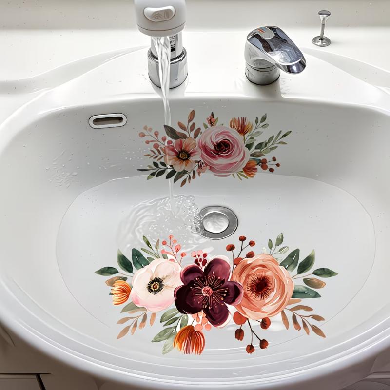 Lucky Koi And Floral Washbasin Sticker Self-Adhesive Waterproof Removable Bathroom Sticker, Wall Bathroom Sink Decal Home Decor