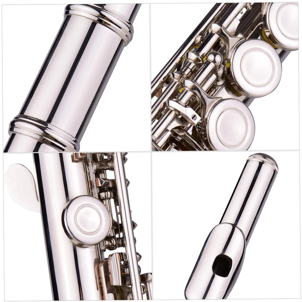 Western Concert Flute Nickel Plated 16 Holes C Key Cupronickel Woodwind Instrument with Cleaning Cloth Stick Gloves