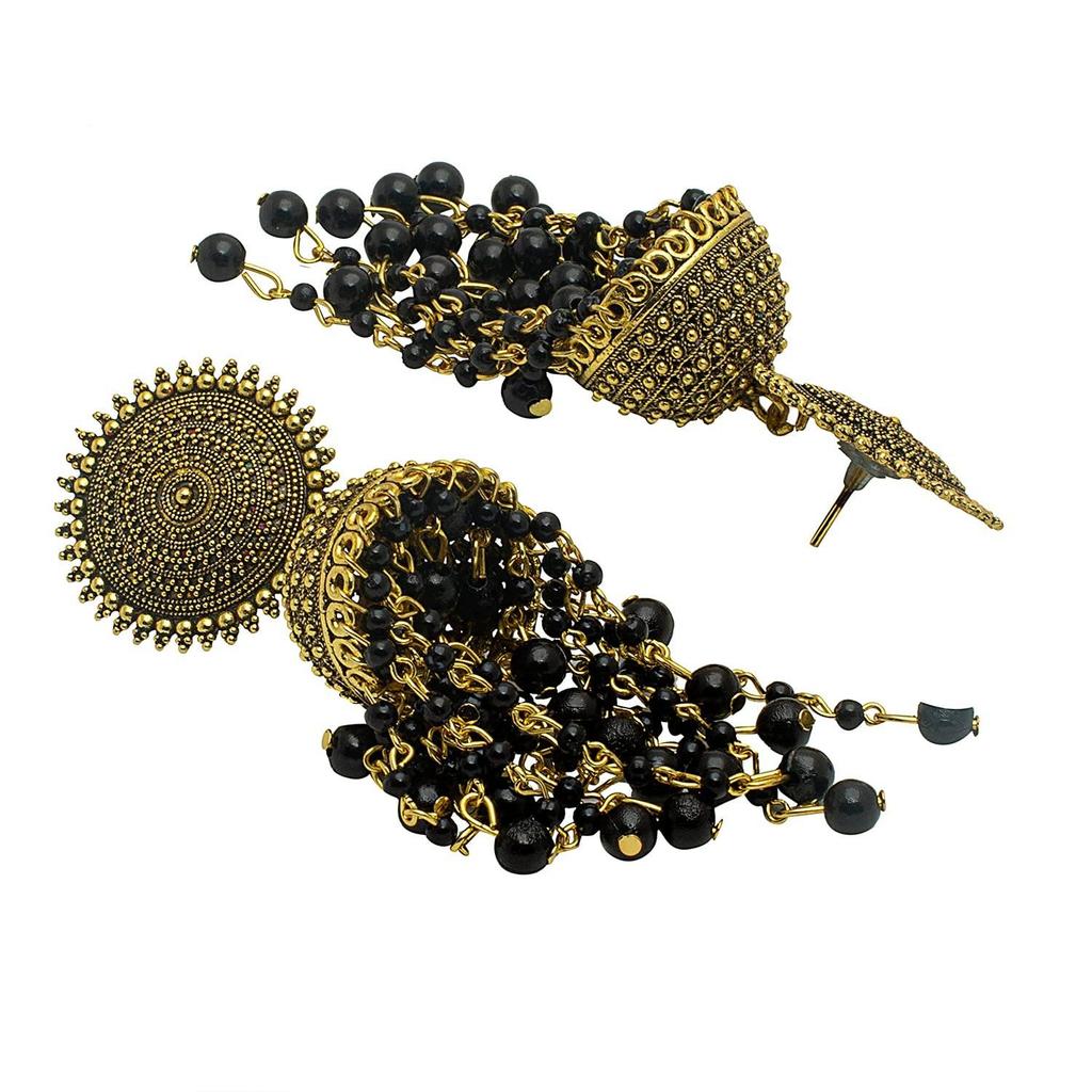 Women's Traditonal Indian Antique Gold Plated Black Meenakari, Pearls Jhumka Earrings