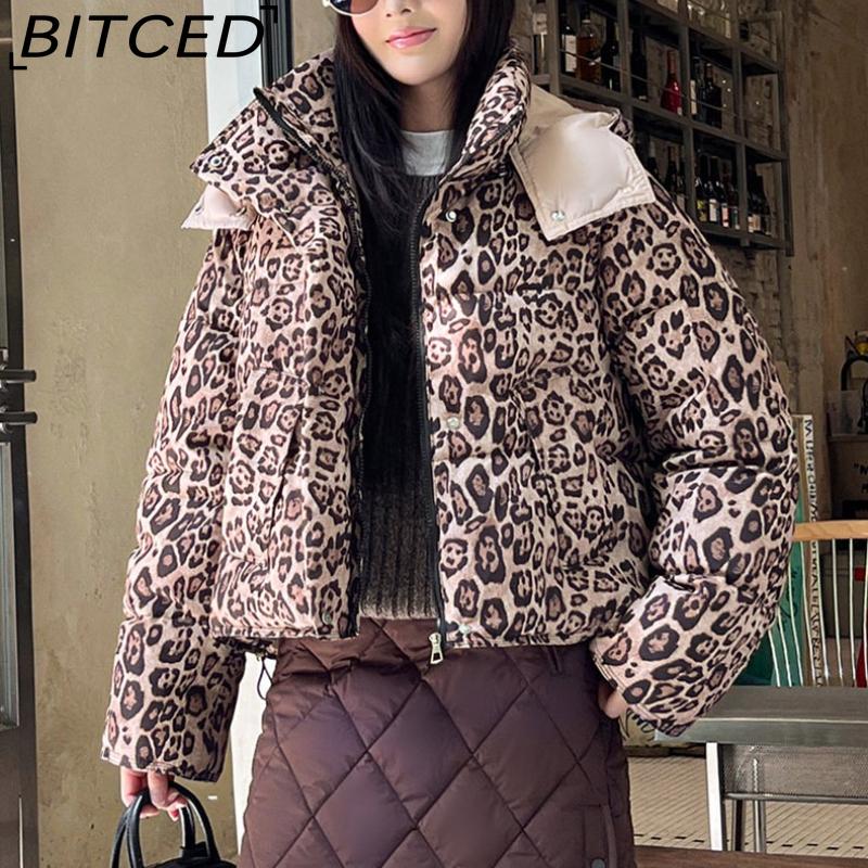 BITCED Short-Length Leopard Print Cotton Jacket for Women with Hood Minimalist Fashion Design, Oversized Fit, Unique Style Cotton Coat