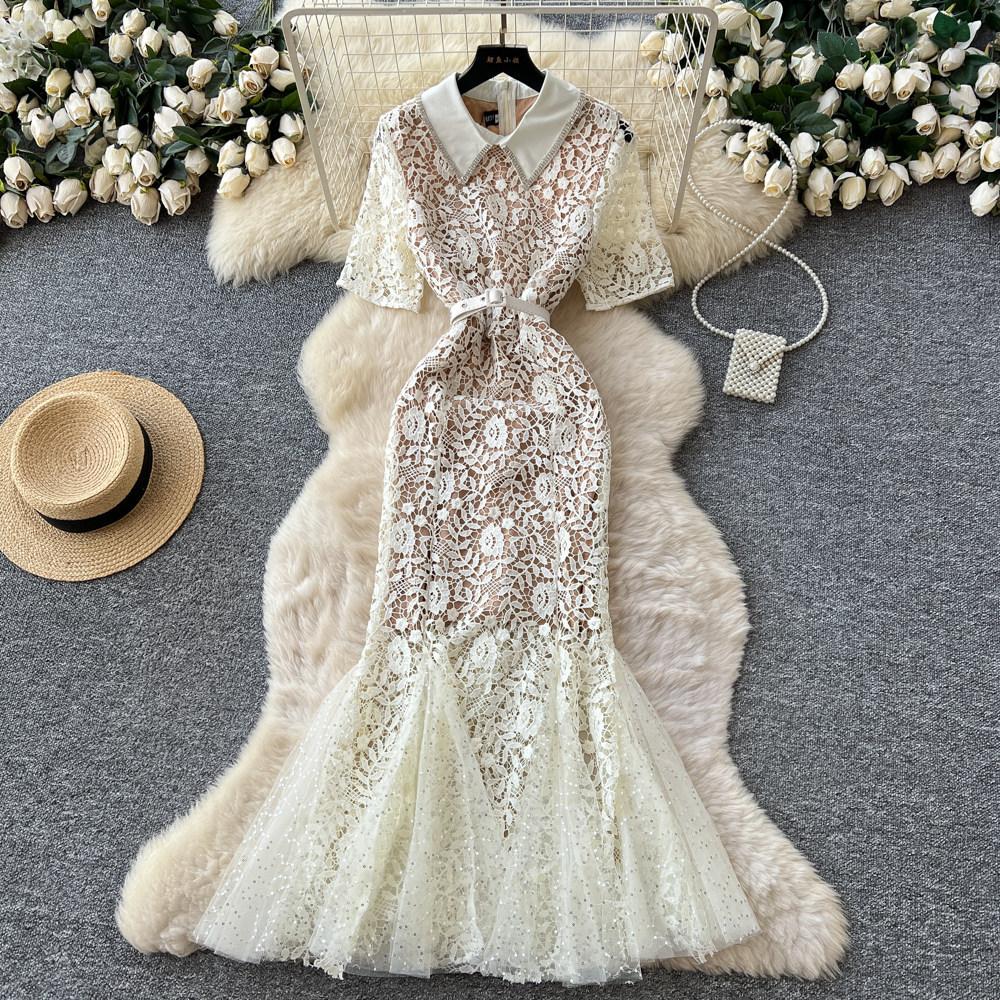 Elegant Temperament Lace Lapel Dress Women's Summer Waist Thin Fishtail Skirt Big Swing Commuting Apricot Short-sleeved Skirt