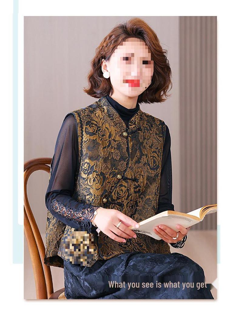 Dame Høst/Vinter Forbedret Tangdrakt Vattert Vest med Ståkrage - Kinesisk Nasjonalstil Jacquard Yttertøy.