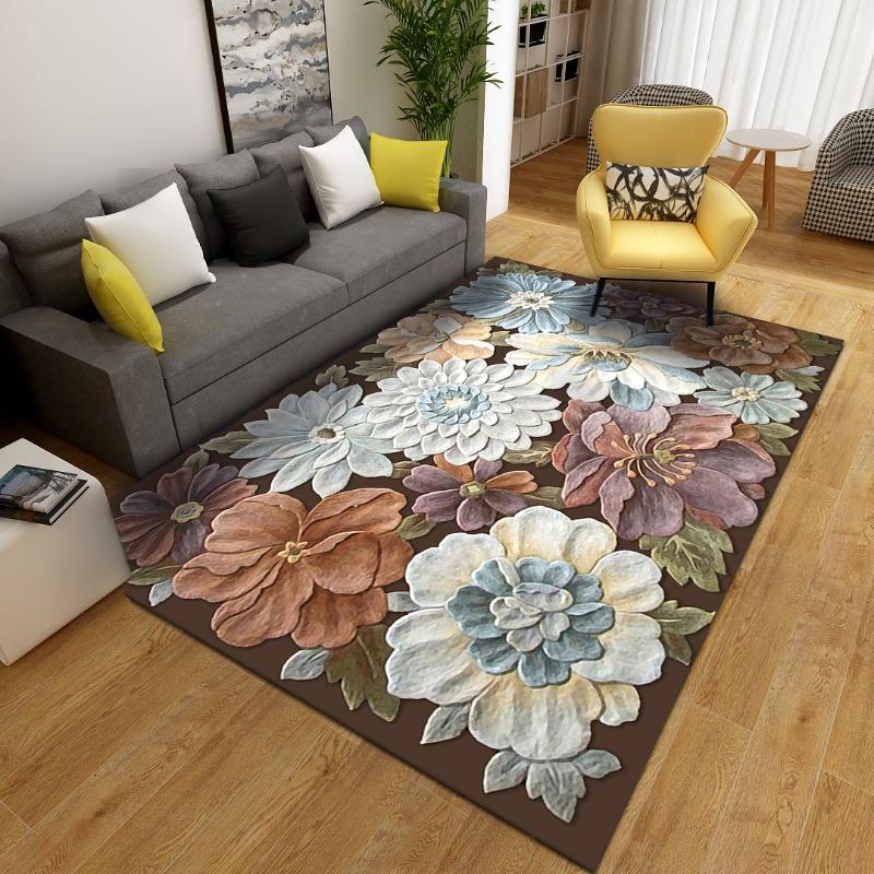 Retro Flower Printing Carpet Large Area Rug Living Room Bedroom Non-Slip Floral Pattern Floor Mat Bedside Sofa Home Decoration