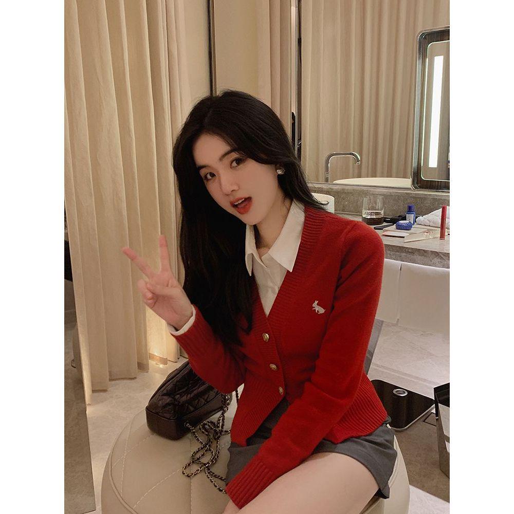 

2025 Autumn/Winter V-neck Long Sleeve Knit Cardigan with Rabbit Embroidery – College Style Age-Reducing Versatile Top One Size